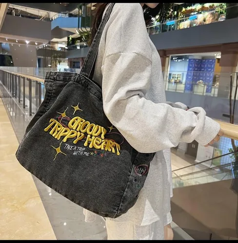 Miniatura 6 de Bolso de mano estético de mezclilla para mujer, bolso de hombro grande tipo hobo de gran capacidad, bolsa de trabajo para compras, bolsa cruzada