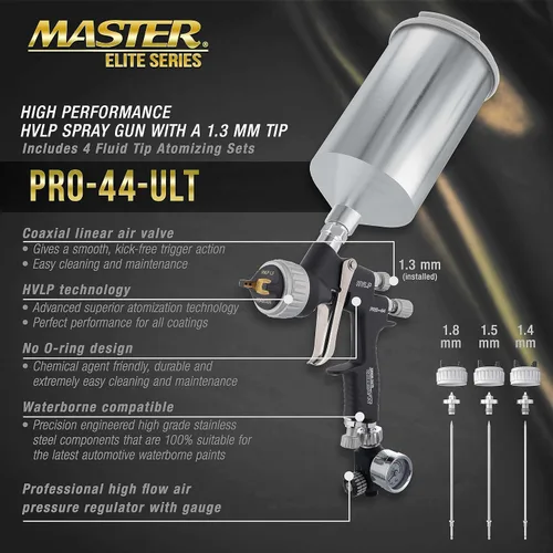 Miniatura 2 de Master Pro 44 Series - Pistola de pulverización HVLP de alto rendimiento con punta de 0.051 pulgadas con regulador de presión de aire, ideal
