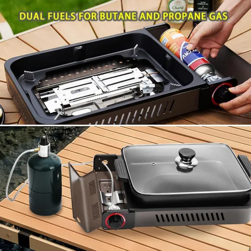 Miniatura 3 de Estufa portátil de gas propano con parrilla y tapa, estufa de camping de butano con encendido instantáneo para patio, cocina en el hogar, camping