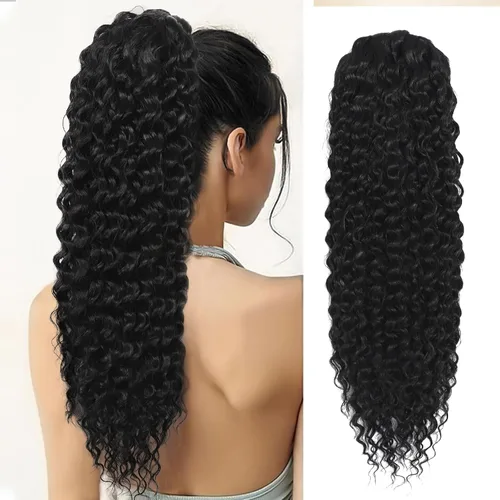 Miniatura 7 de Matriarchs Extensión de cola de caballo corta y rizada con cordón para mujer, pieza de cabello sintético largo afro rizado esponjoso para uso diario