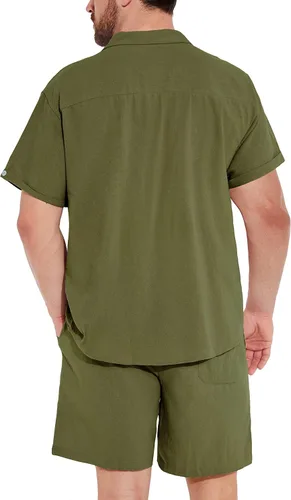 Miniatura 4 de THWEI Conjunto de 2 piezas para hombre, camisa de manga corta, casual, algodón, con botones, para verano, playa, vacaciones