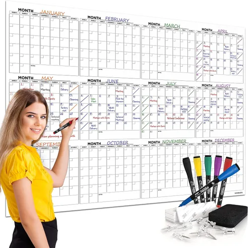 Calendario grande de pizarra blanca de 36 x 48 pulgadas para pared, planificador de 12 meses, calendario de pared grande de borrado en seco, mensual