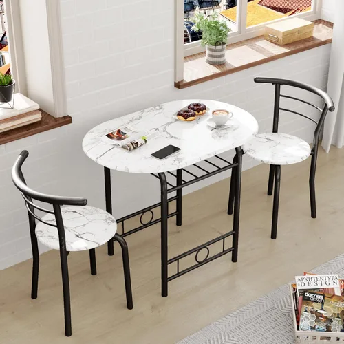 Miniatura 2 de JUMMICO Juego de Mesa Redonda y Sillas de Madera de 3 Piezas, Ahorro de Espacio Desayunador de Cocina Superficie de Veta de Madera con Marco