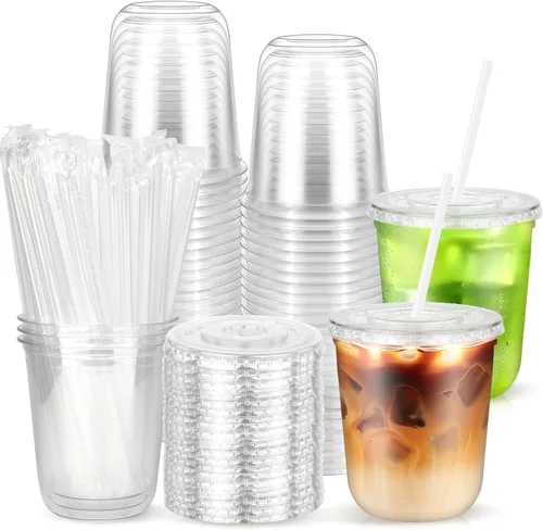 Paquete de 25 vasos desechables de plástico transparente con tapas y pajitas, tazas de café helado de fondo redondo de 12 onzas, tazas de bebidas