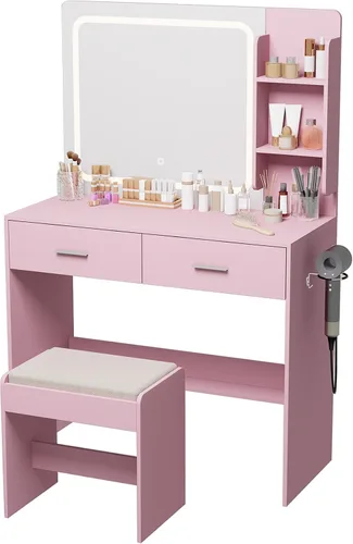 Miniatura 7 de Tocador de maquillaje con espejo iluminado y toma de corriente – 2 estantes, 2 cajones, almacenamiento inferior – Viene con taburete tapizado (rosa)