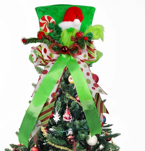 Lordaeron - Gorro de adorno para árbol de Navidad, sombrero grande de terciopelo verde con lazo alargado, decoraciones de árbol de Navidad, adornos