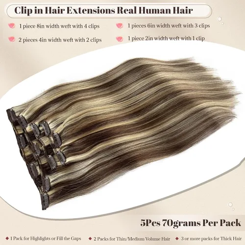 Miniatura 2 de Extensiones de cabello rubio ceniza con reflejos, extensiones de cabello humano real con clip, de 12 pulgadas, 2.47 onzas, doble trama, invisible