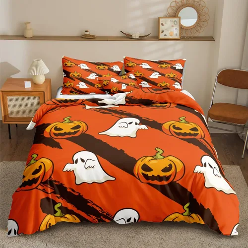 Miniatura 27 de Juego de funda de edredón de calabaza para Halloween, divertido diseño de calabaza malvada, color negro, juego de ropa de cama Tiwn 1 funda