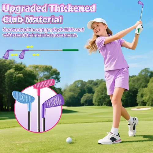 Miniatura 3 de TERRAMUS Juego de golf para niños con dinosaurio de retorno automático de golf, bolas de golf nocturnas con luz LED, 3 palos, alfombra de putt, 3-8
