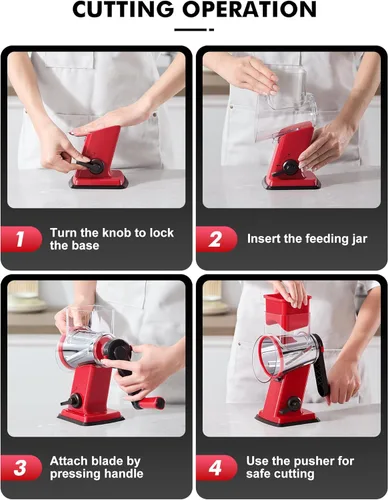 Miniatura 8 de Rallador de queso giratorio GDL con manivela manual - Rallador de queso mejorado con 4 cuchillas intercambiables, rallador giratorio con base de Rojo