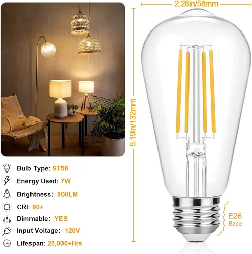 Miniatura 2 de Bombillas LED Edison vintage equivalentes a 60 W, regulables, 7 W, ST58, bombillas de filamento LED blanco cálido 3000 K, iluminación