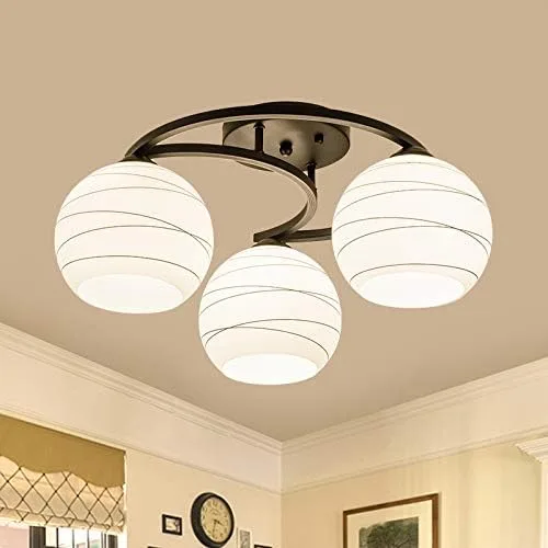 Lámpara colgante de techo semiempotrada, moderna pantalla de globo en cristal ópalo con marco de luna negra, luz colgante para cocina, sala de 3