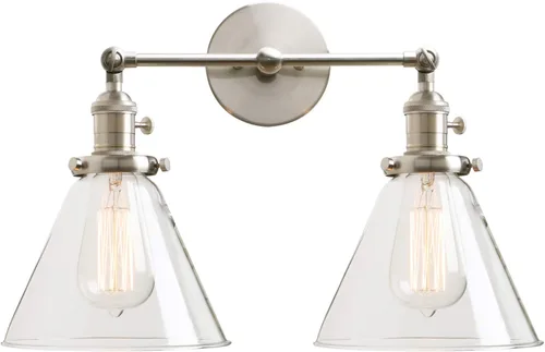 Miniatura 28 de PERMO Aplique doble cromado industrial de 2 luces, apliques de pared con pantalla de vidrio transparente acampanada en forma de embudo, luz