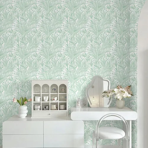 Miniatura 4 de Dimoon Papel tapiz de 17.3 x 98.4 pulgadas, papel de contacto bohemio verde y blanco, papel de contacto bohemio moderno con hojas florales, apto