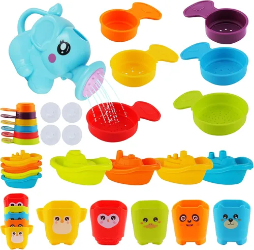 Miniatura 9 de Juguetes de baño para bebés para niños, 12 juguetes de baño sin moho para niños pequeños con botes flotantes, regadera, patos flotantes y cucharas