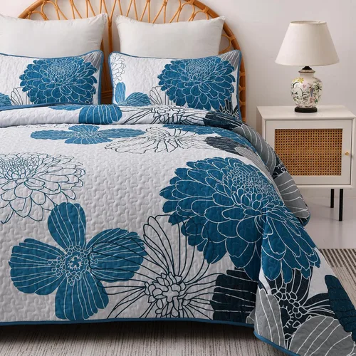 Miniatura 16 de Juego de edredón de 3 piezas con patrón floral azul marino, tamaño Queen, juego de ropa de cama reversible de microfibra con patrón de flores