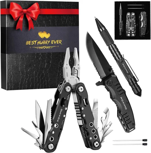 Miniatura 10 de Juego de regalo multiherramienta para hombres, para papá, él, kit de supervivencia EDC 3 en 1 con alicates múltiples 14 en 1, cuchillo de bolsillo