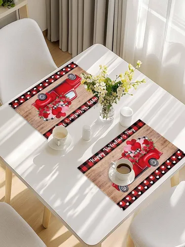 Miniatura 7 de Juego de 4 manteles individuales para el día de San Valentín para mesa de comedor, camión con globos y rosas románticos de arpillera de corazón rosa