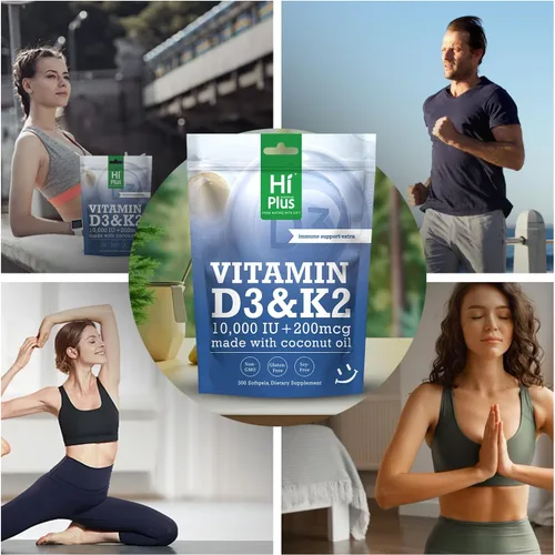Miniatura 5 de Vitamina D3 10,000 UI + K2 200 mcg, 300 cápsulas blandas Aceite de coco Apoyo 2 en 1 para huesos, inmunes y cardíacos Fácil de tragar, sin OMG