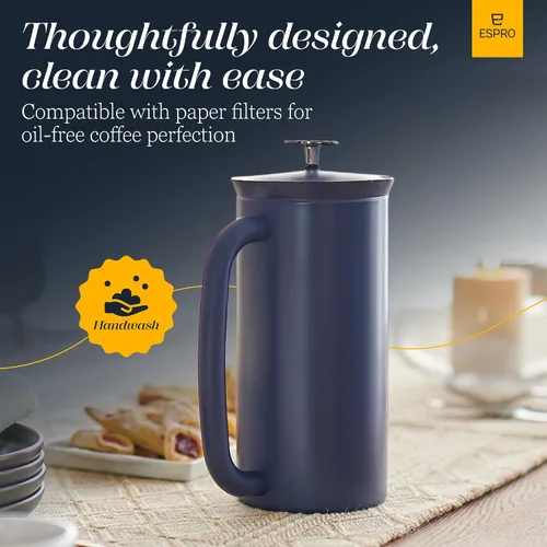 Miniatura 7 de ESPRO Pro P7 French Press Acero inoxidable 304 – Cafetera de prensa francesa patentada de doble pared con aislamiento de microfiltro, sin arena