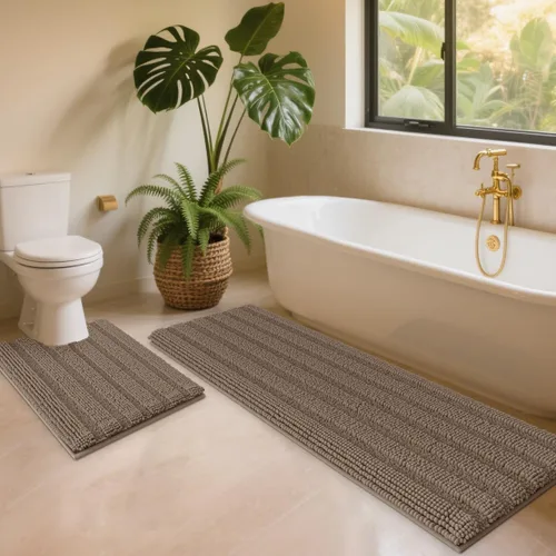Miniatura 68 de ACCUMTEK - Juego de alfombras de baño a rayas beige de 3 piezas, ultrasuaves, antideslizantes de chenilla, alfombras de baño mullidas y absorbentes