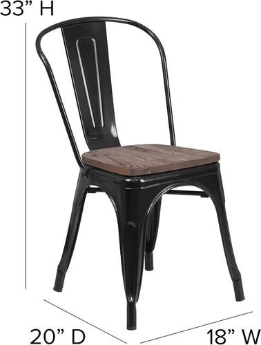 Miniatura 2 de EMMA + OLIVER Silla apilable de metal negro con asiento de madera