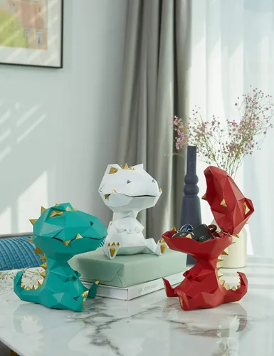 Miniatura 6 de HAUCOZE Estatua de dinosaurio plato para caramelos, cuenco para llaves, regalos de dinosaurio, escultura moderna, accesorios de decoración del Verde
