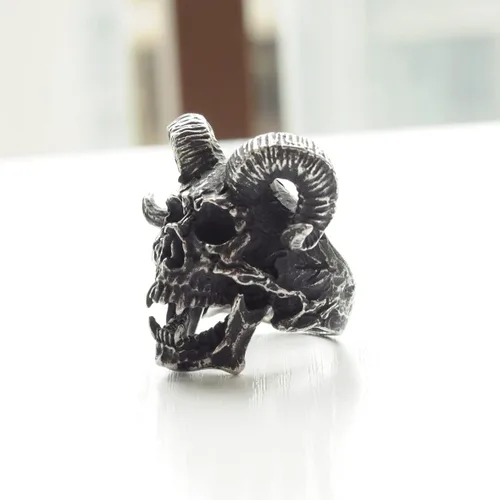 Miniatura 5 de ZMY Home Demon Head Skull Ring Big Horned Stainless Steel Biker Jewelry Ring Men