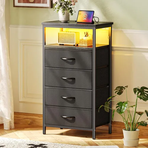 Miniatura 2 de Huuger - Mesita de noche con estación de carga y luces LED, mesita de noche de 4 cajones, mesa auxiliar con estante abierto, mesa de cabecera, Negro