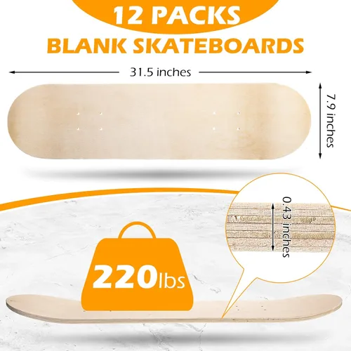 Miniatura 2 de Honoson 12 tablas de patineta en blanco a granel de 32 x 8 pulgadas, 7 capas de madera de arce liso, patineta de madera natural de doble cola