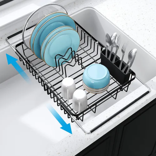 Miniatura 19 de JASIWAY - Escurridor extensible de acero inoxidable para usar sobre fregadero, encimera de cocina y dentro del fregadero, con portautensilios