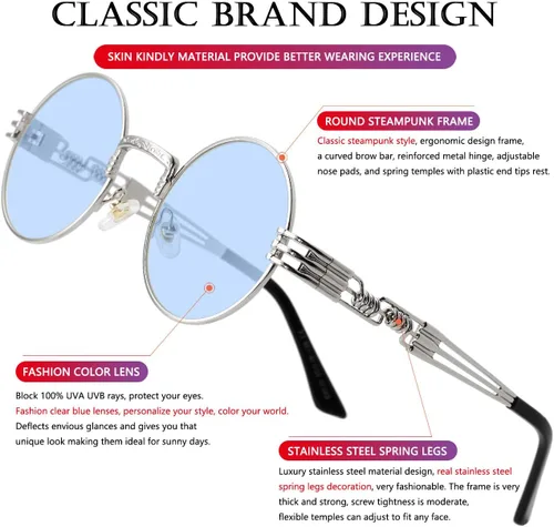 Miniatura 5 de AIEYEZO Gafas de sol redondas Steampunk Circle Lennon Hippie, montura de metal, lente con bloqueo UV 100%
