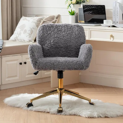 Miniatura 21 de HomVent Bonita silla de escritorio de oficina peluda, moderna silla de escritorio de piel sintética, silla de maquillaje de piel sintética