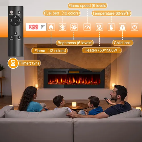 Miniatura 5 de Chimenea eléctrica de 60 pulgadas empotrada en la pared y montada en la pared, calentador lineal ultrafino de 750/1500 W con llama realista