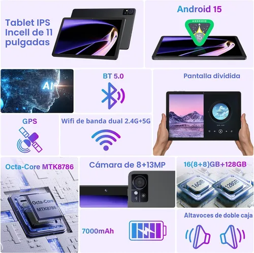 Miniatura 2 de Tablet Android 15 de 11 pulgadas 2025 Última actualización 16 GB RAM 128 GB ROM 1 TB Expandion 5G WiFi celular 21MP doble cámara Octa-core MTK8786.