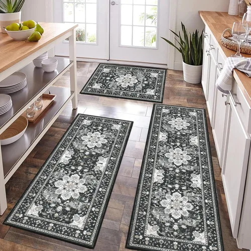 Bsmathom - Juego de alfombras de cocina de estilo rústico de 3 piezas con corredor, alfombras de cocina antideslizantes y lavables, alfombras de