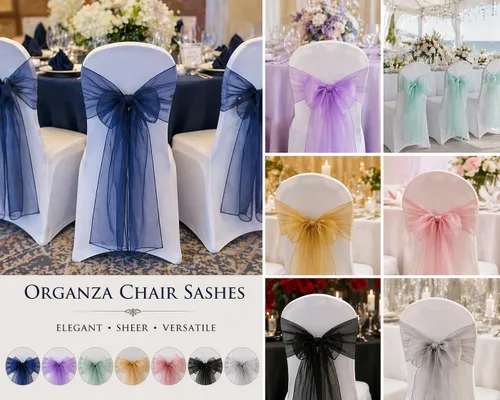 Miniatura 7 de Elegantes bandas de organza para silla, bandas de tela transparente para bodas, fiestas y eventos especiales, (paquete de 10 unidades, rosa bebé)