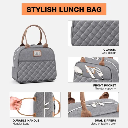 Miniatura 2 de Lekesky Lonchera para mujer, lonchera aislada, bonita bolsa de almuerzo a prueba de fugas para el trabajo de adultos, color gris