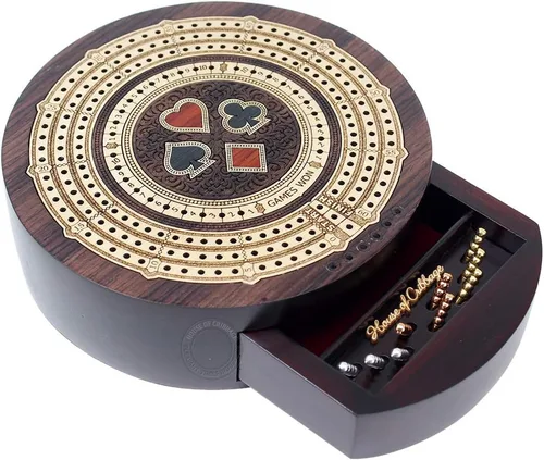 Miniatura 8 de House of Cribbage - Tabla de cuna de 3 pistas de forma redonda no continua - Almacenamiento de cajones para clavijas y 1 baraja de cartas con campos