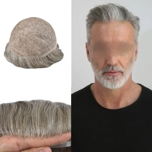 Miniatura 34 de Toupee para hombres Piezas de cabello humano real, encaje francés completo para hombres, pieza de cabello, nudos blanqueados, línea capilar natural