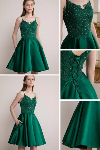 Miniatura 4 de Tianzhihe Vestidos cortos de encaje con cuentas para regreso a casa, tirantes delgados, vestidos de noche de satén con bolsillos