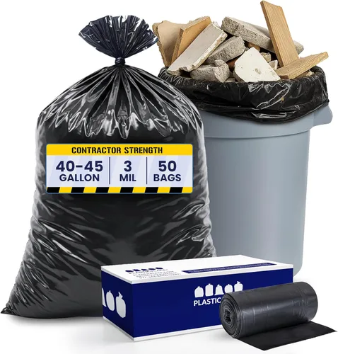 Plasticplace Bolsas de basura para contratistas de 40-45 galones │ 3.0 mil │ Bolsa de basura negra resistente │ 40 x 48 pulgadas (50 unidades)