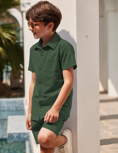 Miniatura 4 de COOFANDY Conjunto de camisa y pantalones cortos de algodón de manga corta con botones para niño de 2 piezas