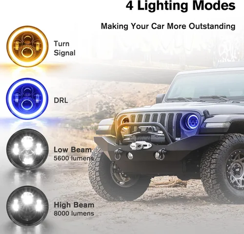 Miniatura 4 de CO LIGHT - Faros delanteros LED redondos de 7 pulgadas con halo, con haz alto/bajo, halo ámbar/azul, faro LED para todo terreno, ojos angulares