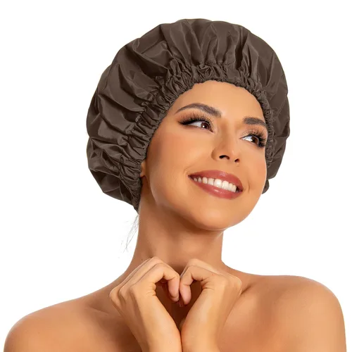 Miniatura 11 de Gorro de ducha reutilizable para mujer, grande, impermeable, lavable, banda elástica, accesorios de baño, sombrero para cabello largo, trenzas Beige
