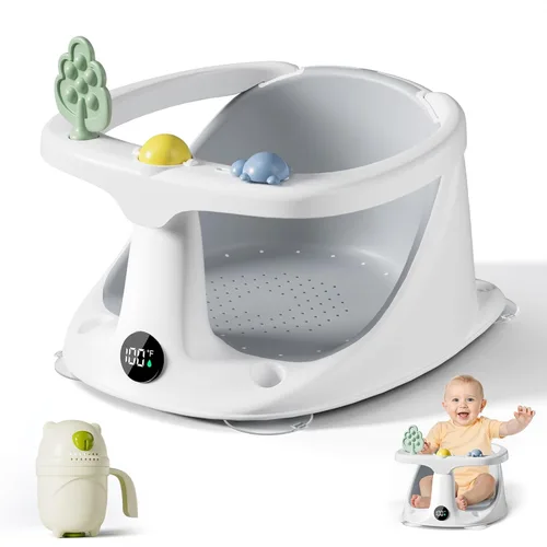 Asiento de baño para bebés de 6 meses en adelante, asientos de bañera para bebés sentados con taza de enjuague, antideslizante, cómodo, esenciales