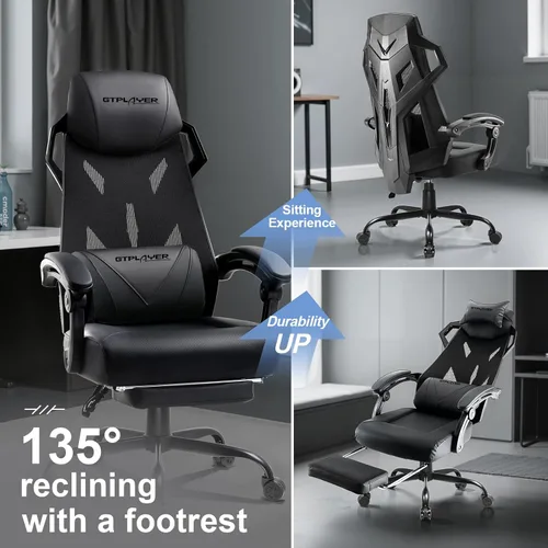Miniatura 9 de GTPLAYER Silla para videojuegos, silla de computadora con respaldo de malla, silla ergonómica para juegos con reposapiés, silla reclinable con Negro
