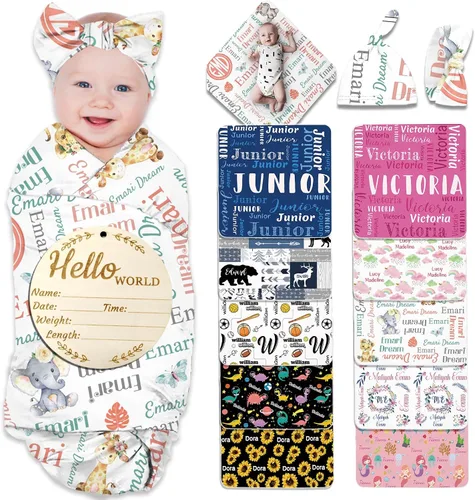 Miniatura 29 de Manta de bebé personalizada para niña y niño, manta de recepción con nombre personalizado con diadema de lazo y sombrero, regalos personalizados