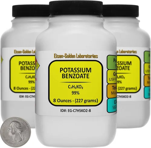 Miniatura 8 de Benzoato de potasio [C7H5KO2] 99% USP-FCC Microprills de grado alimenticio 8 oz en una botella