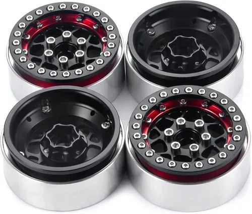 Miniatura 8 de Llantas Beadlock de 1.9 pulgadas, 4 unidades, juego de llantas de metal para 1/10 Axial Scx10 TRX-4 D90 CC01 90034 RC Crawler Car (negro y rojo)